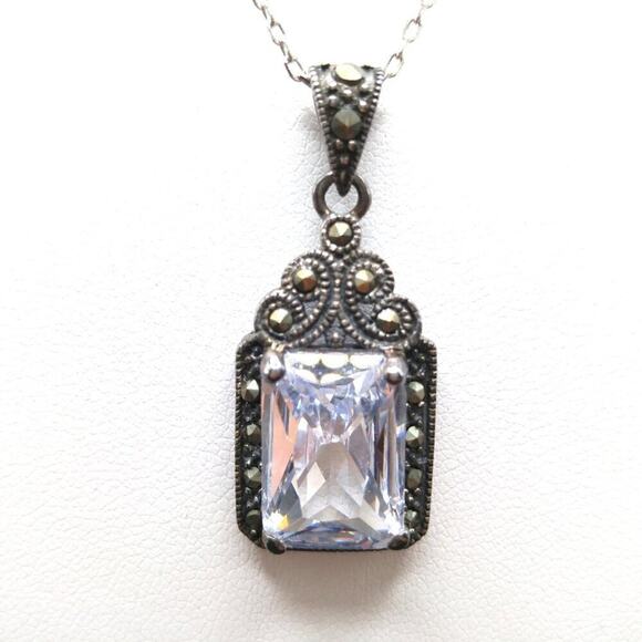 Vintage Sterling Marcasite Clear Crystal Pendant Necklace, Stamped 925 ATI, 17" - Picture 3 of 9